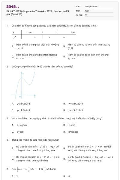 Đề thi THPT Quốc gia môn Toán năm 2022 chọn lọc, có lời giải (Đề số 18)