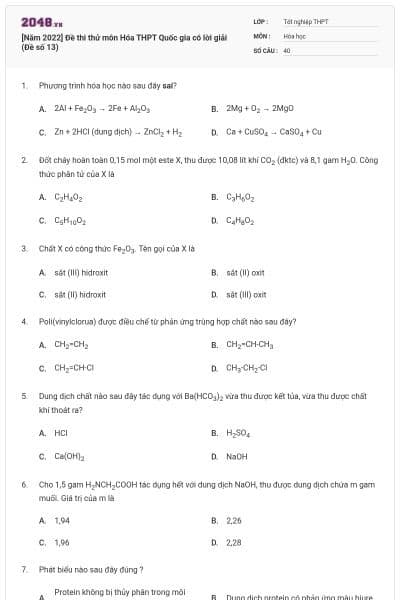 [Năm 2022] Đề thi thử môn Hóa THPT Quốc gia có lời giải (Đề số 13)