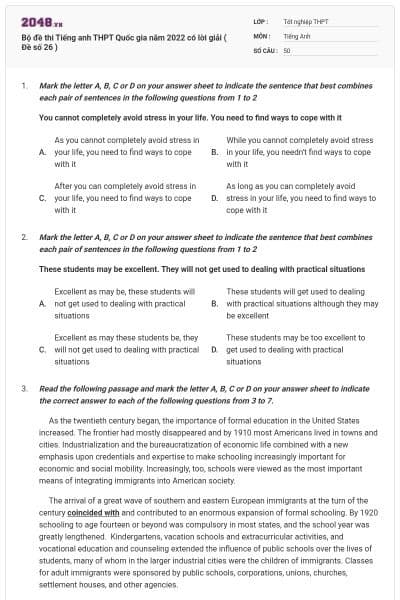 Bộ đề thi Tiếng anh THPT Quốc gia năm 2022 có lời giải ( Đề số 26 )