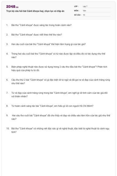 Trọn bộ câu hỏi bài Cảnh khuya hay, chọn lọc có đáp án