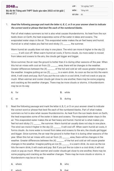 Bộ đề thi Tiếng anh THPT Quốc gia năm 2022 có lời giải ( Đề số 27 )