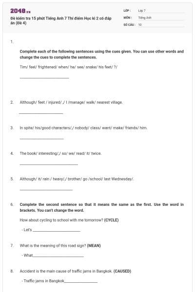 Đề kiểm tra 15 phút Tiếng Anh 7 Thí điểm Học kì 2 có đáp án (Đề 4)