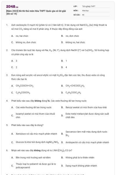 [Năm 2022] Đề thi thử môn Hóa THPT Quốc gia có lời giải (Đề số 14)