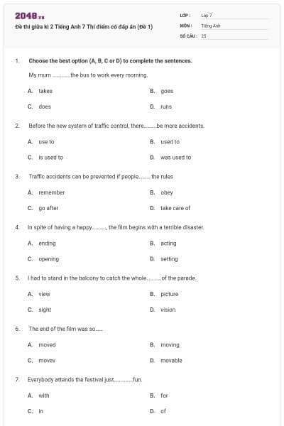 Đề thi giữa kì 2 Tiếng Anh 7 Thí điểm có đáp án (Đề 1)