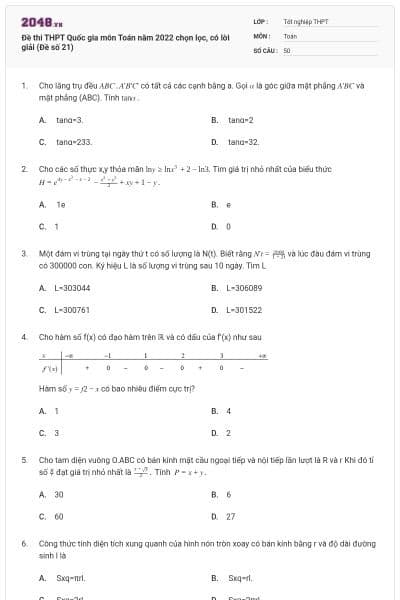Đề thi THPT Quốc gia môn Toán năm 2022 chọn lọc, có lời giải (Đề số 21)
