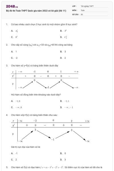 Bộ đề thi Toán THPT Quốc gia năm 2022 có lời giải (Đề 11)