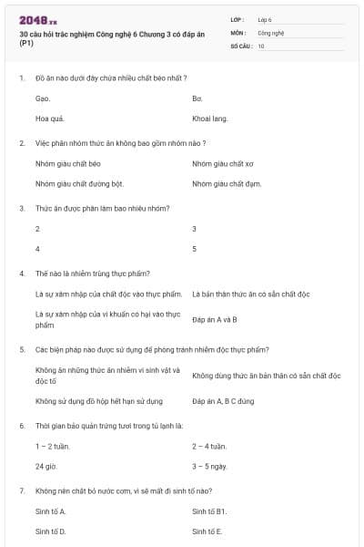 30 câu hỏi trắc nghiệm Công nghệ 6 Chương 3 có đáp án (P1)
