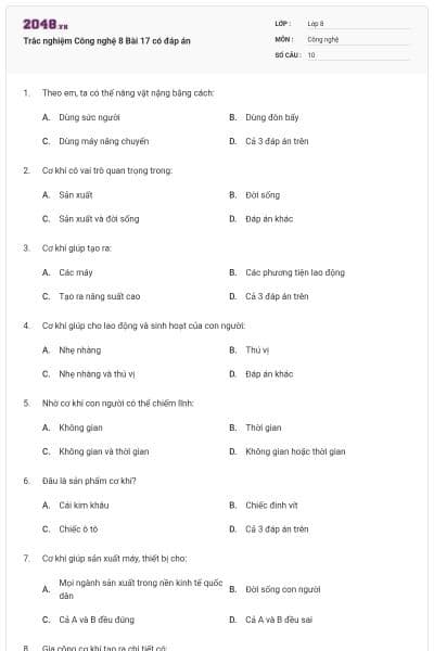 Trắc nghiệm Công nghệ 8 Bài 17 có đáp án