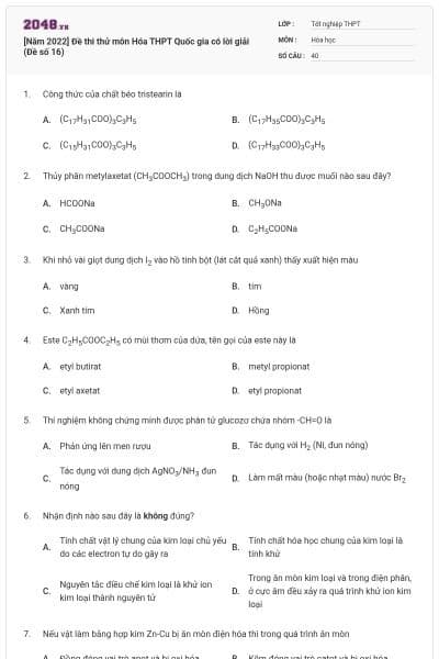 [Năm 2022] Đề thi thử môn Hóa THPT Quốc gia có lời giải (Đề số 16)