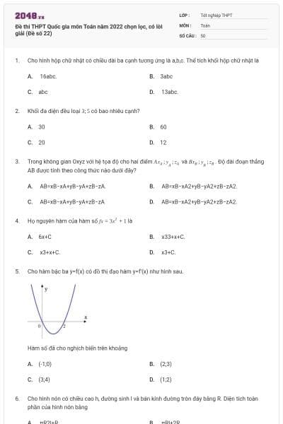 Đề thi THPT Quốc gia môn Toán năm 2022 chọn lọc, có lời giải (Đề số 22)