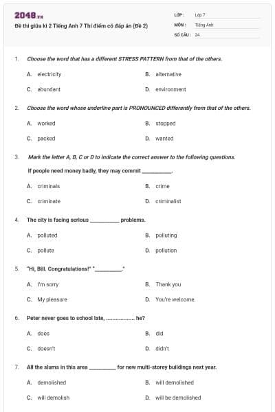 Đề thi giữa kì 2 Tiếng Anh 7 Thí điểm có đáp án (Đề 2)