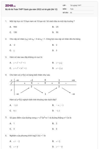 Bộ đề thi Toán THPT Quốc gia năm 2022 có lời giải (Đề 12)