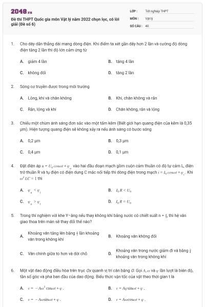 Đề thi THPT Quốc gia môn Vật lý năm 2022 chọn lọc, có lời giải (Đề số 6)