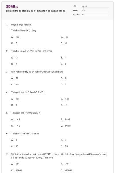 Đề kiểm tra 45 phút Đại số 11 Chương 4 có đáp án (Đề 4)