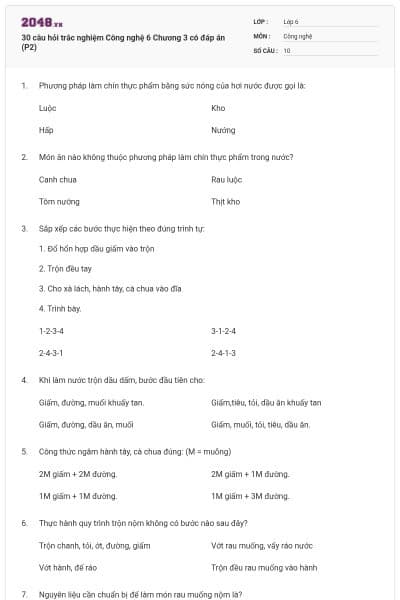 30 câu hỏi trắc nghiệm Công nghệ 6 Chương 3 có đáp án (P2)