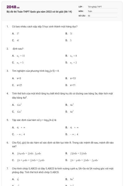 Bộ đề thi Toán THPT Quốc gia năm 2022 có lời giải (Đề 14)