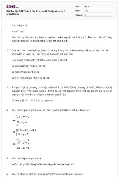 Giải bài tập SGK Toán 9 tập 2 hay nhất Ôn tập chương 3 phần Đại số