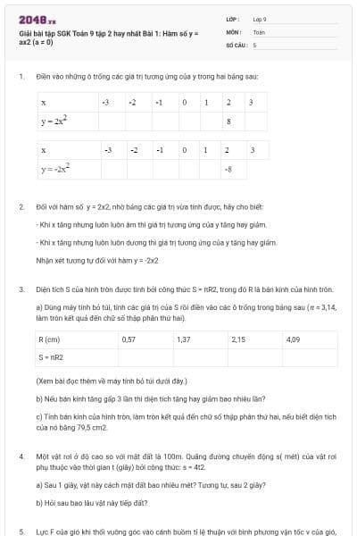 Giải bài tập SGK Toán 9 tập 2 hay nhất Bài 1: Hàm số y = ax2 (a ≠ 0)