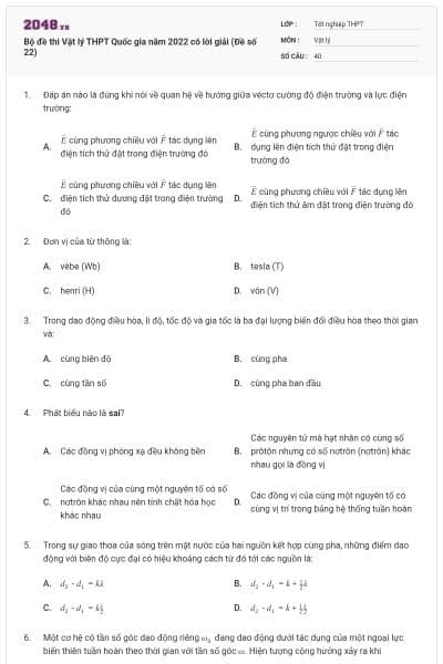 Bộ đề thi Vật lý THPT Quốc gia năm 2022 có lời giải (Đề số 22)
