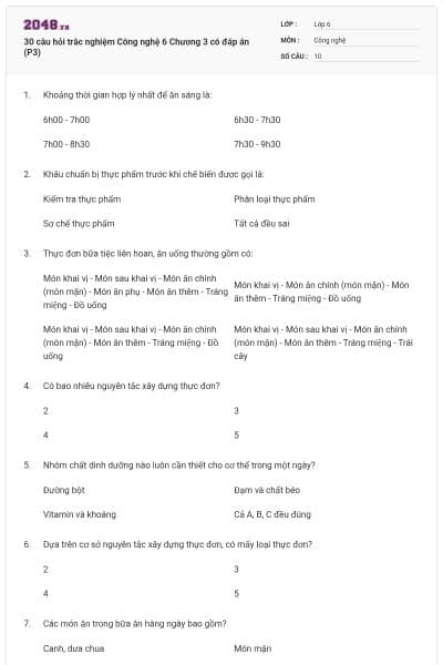 30 câu hỏi trắc nghiệm Công nghệ 6 Chương 3 có đáp án (P3)