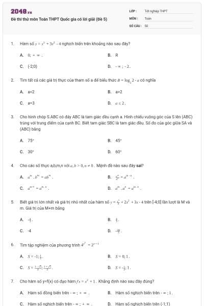 Đề thi thử môn Toán THPT Quốc gia có lời giải (Đề 5)