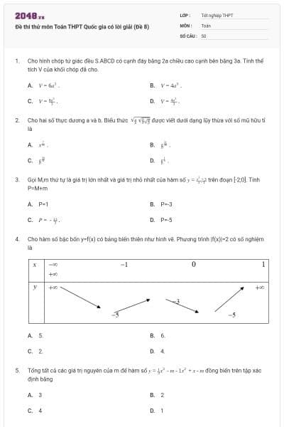 Đề thi thử môn Toán THPT Quốc gia có lời giải (Đề 8)