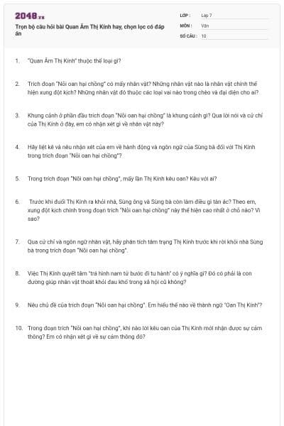 Trọn bộ câu hỏi bài Quan Âm Thị Kính hay, chọn lọc có đáp án