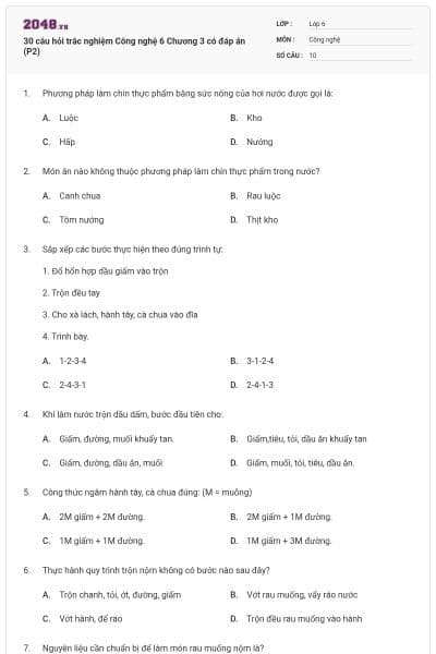 30 câu hỏi trắc nghiệm Công nghệ 6 Chương 3 có đáp án (P2)