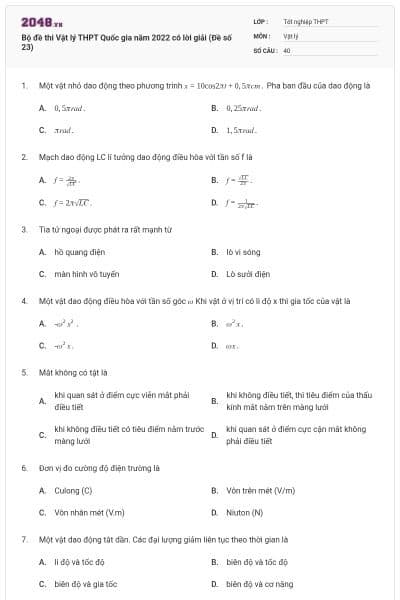 Bộ đề thi Vật lý THPT Quốc gia năm 2022 có lời giải (Đề số 23)