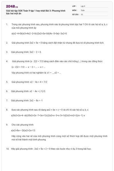 Giải bài tập SGK Toán 9 tập 1 hay nhất Bài 3: Phương trình bậc hai một ẩn