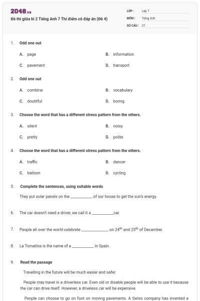 Đề thi giữa kì 2 Tiếng Anh 7 Thí điểm có đáp án (Đề 4)