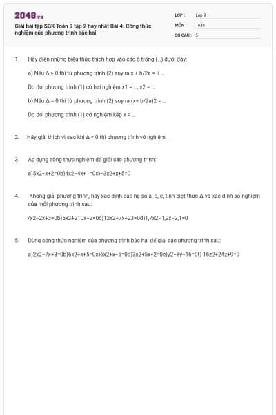 Giải bài tập SGK Toán 9 tập 2 hay nhất Bài 4: Công thức nghiệm của phương trình bậc hai