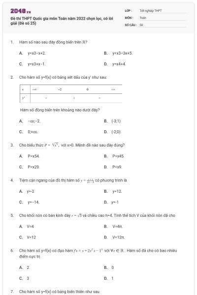 Đề thi THPT Quốc gia môn Toán năm 2022 chọn lọc, có lời giải (Đề số 25)