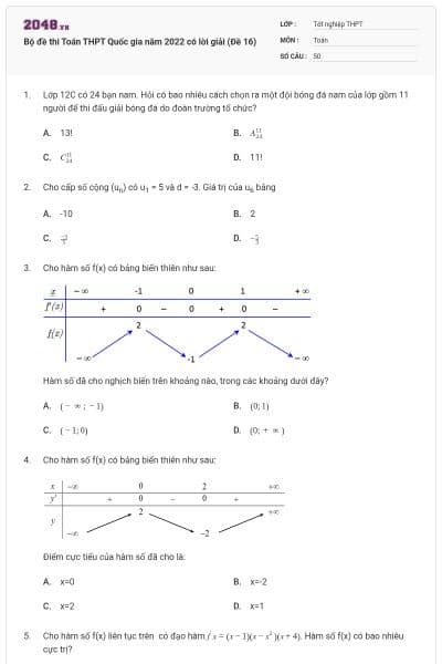 Bộ đề thi Toán THPT Quốc gia năm 2022 có lời giải (Đề 16)