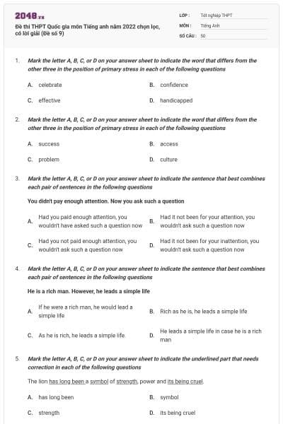 Đề thi THPT Quốc gia môn Tiếng anh năm 2022 chọn lọc, có lời giải (Đề số 9)