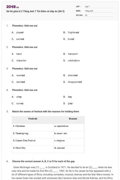 Đề thi giữa kì 2 Tiếng Anh 7 Thí điểm có đáp án (Đề 5)