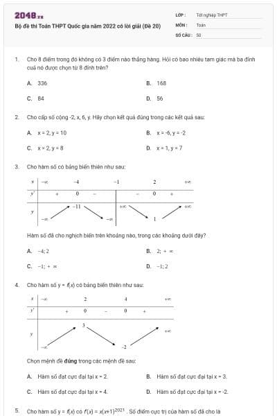 Bộ đề thi Toán THPT Quốc gia năm 2022 có lời giải (Đề 20)