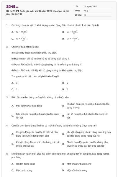 Đề thi THPT Quốc gia môn Vật lý năm 2022 chọn lọc, có lời giải (Đề số 10)