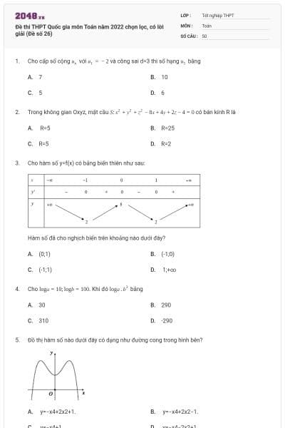 Đề thi THPT Quốc gia môn Toán năm 2022 chọn lọc, có lời giải (Đề số 26)