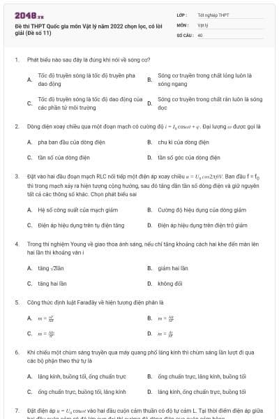 Đề thi THPT Quốc gia môn Vật lý năm 2022 chọn lọc, có lời giải (Đề số 11)