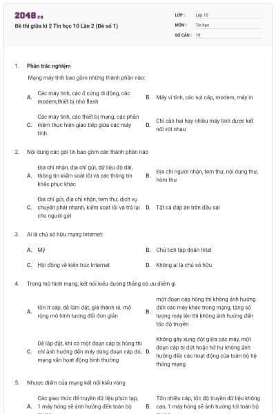 Đề thi giữa kì 2 Tin học 10 Lần 2 (Đề số 1)