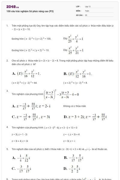100 câu trắc nghiệm Số phức nâng cao (P3)