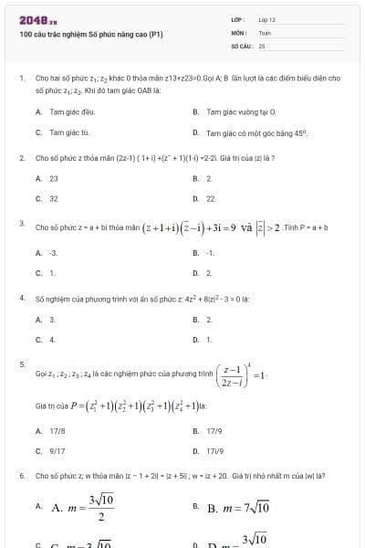 100 câu trắc nghiệm Số phức nâng cao (P1)