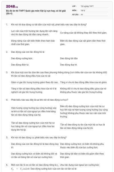 Bộ đề ôn thi THPT Quốc gia môn Vật Lý cực hay, có lời giải (Đề 4)