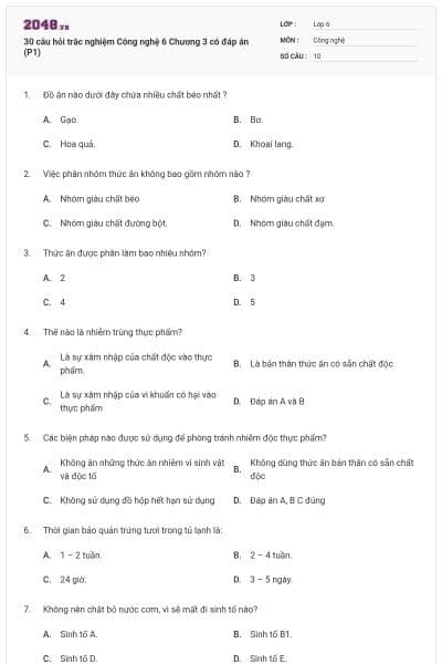 30 câu hỏi trắc nghiệm Công nghệ 6 Chương 3 có đáp án (P1)