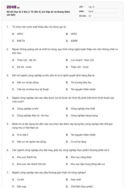 Đề thi Học kì 2 Địa Lí 10 (Đề 4) (có đáp án và thang điểm chi tiết)