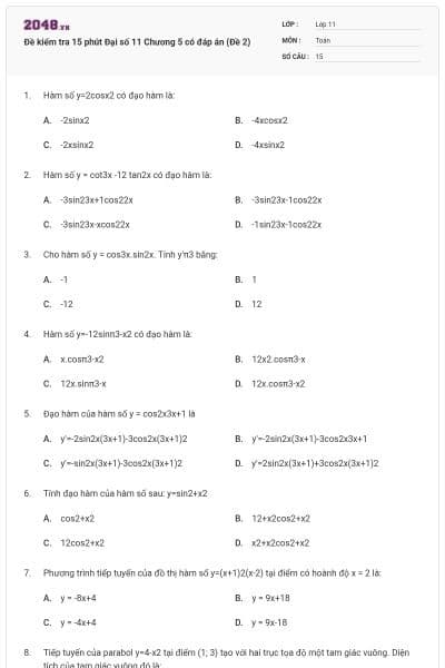 Đề kiểm tra 15 phút Đại số 11 Chương 5 có đáp án (Đề 2)