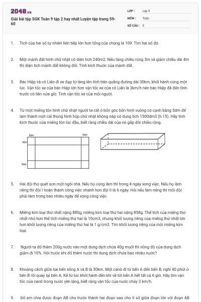 Giải bài tập SGK Toán 9 tập 2 hay nhất Luyện tập trang 59-60
