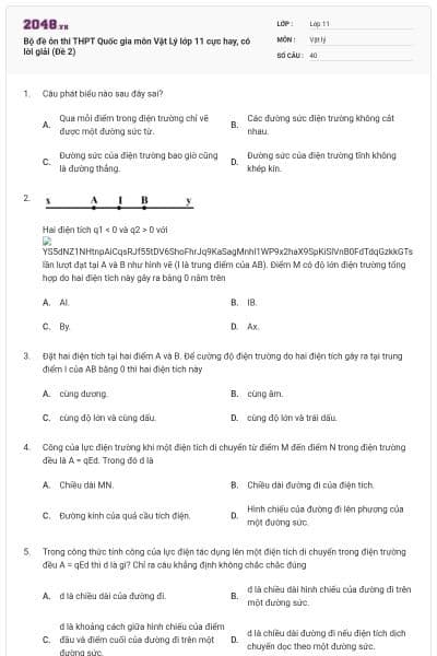 Bộ đề ôn thi THPT Quốc gia môn Vật Lý lớp 11 cực hay, có lời giải (Đề 2)