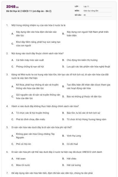 Đề thi Học kì 2 GDCD 11 (có đáp án - Đề 2)